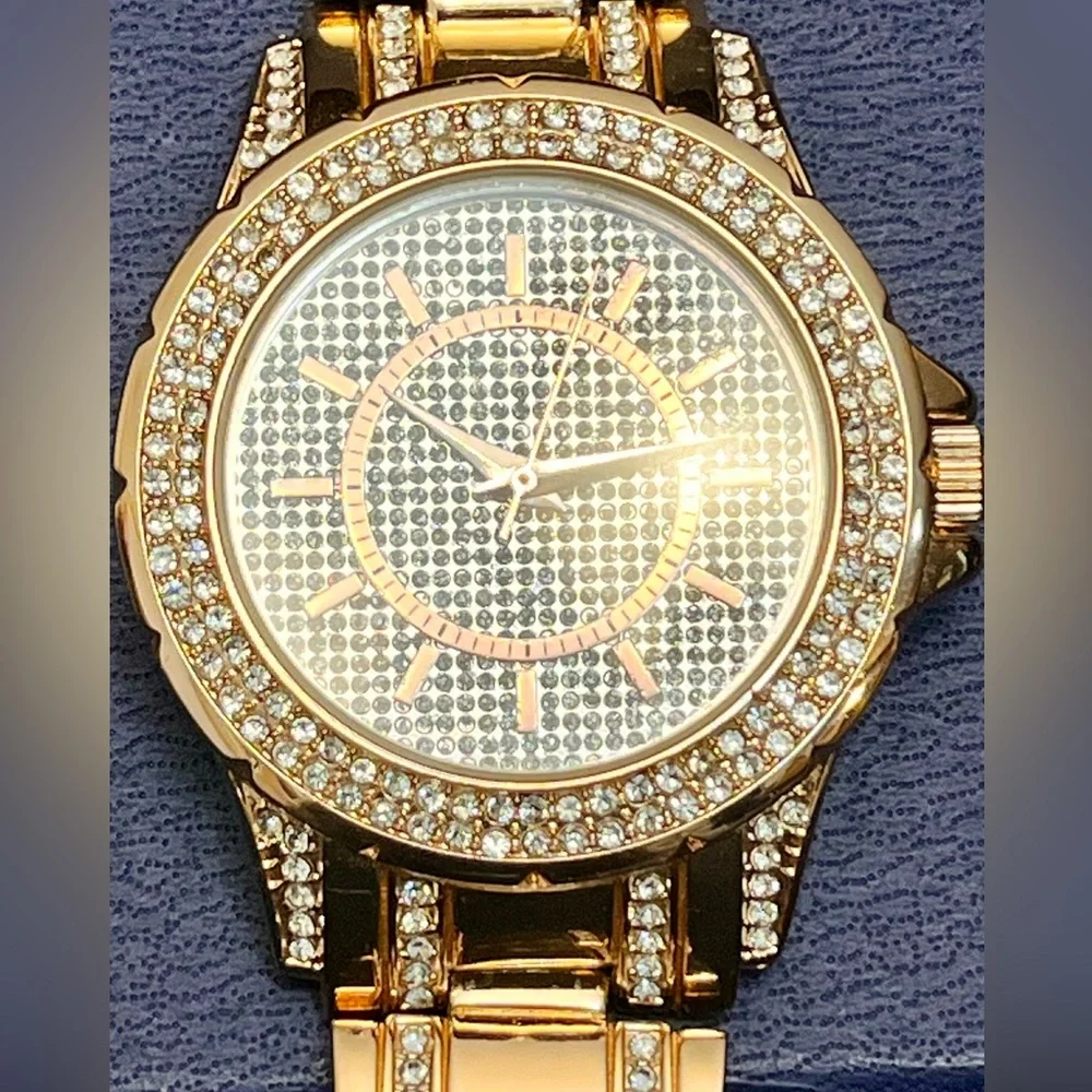 FMDAL Oversized Gold Glitz Watch Iced Out Pavé Rhinestone Statement Bling Glam